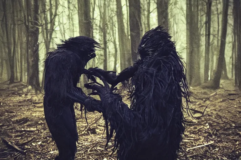 Image similar to werecreature consisting of a crow and a human, photograph captured in a dark forest