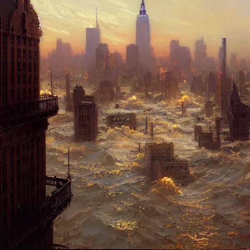 Image similar to the sea flooding the entire city of modern new york. you can see the water entering buildings highly detailed painting by gaston bussiere, craig mullins, j. c. leyendecker