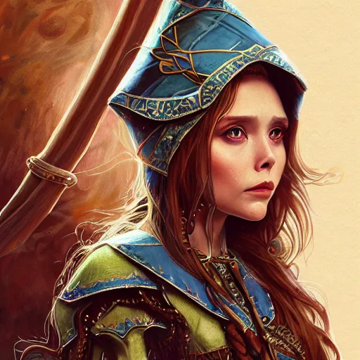 Image similar to Elizabeth Olsen as a elf archer, cute, fantasy, intricate, elegant, highly detailed, centered, digital painting, artstation, concept art, smooth, sharp focus, illustration, art by artgerm and H R Giger and alphonse mucha