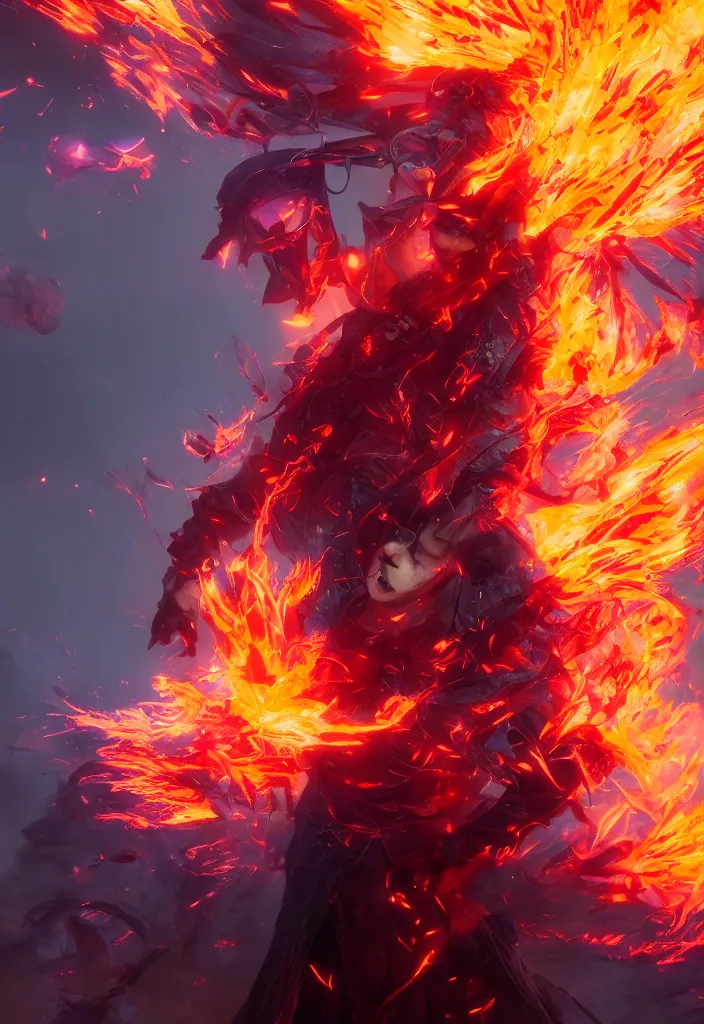 Prompt: a very pissed off mage engulfed in colorful flames by greg rutkowski, sung choi, mitchell mohrhauser, maciej kuciara, johnson ting, maxim verehin, peter konig, 8 k photorealistic, cinematic lighting, hd, high details,