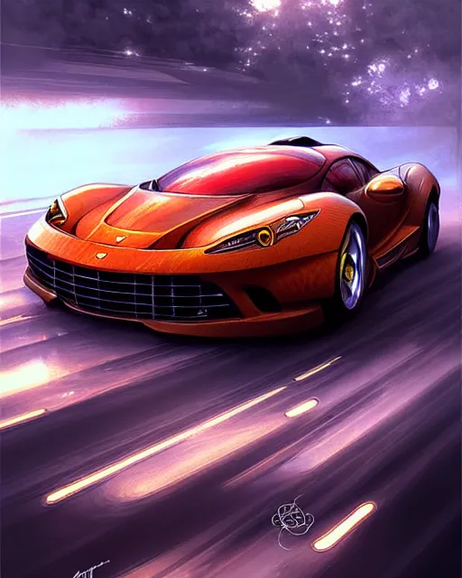 Prompt: Art nouveau Ferarri car, fantasy, intricate motion blur designs, elegant, highly detailed, sharp focus, art by Artgerm and Greg Rutkowski and WLOP