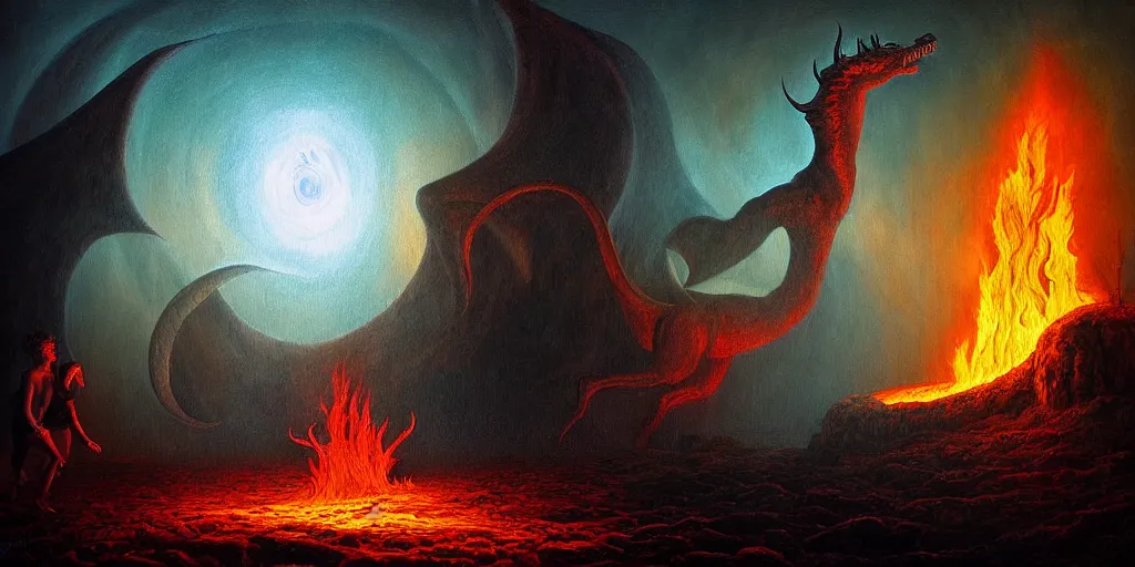 Image similar to mythical creatures and monsters at the mouth of hell, dramatic lighting glow from giant fire, in a dark surreal painting by ronny khalil