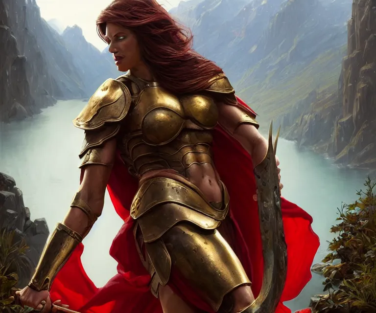 Prompt: epic portrait cinematic shot an spartan woman wearing bronze armor and a red cape, wet flowing brown hair, shiny skin, muscular, mountain backround, fine details. night setting. realistic shaded lighting poster by craig mullism, artgerm, jeremy lipkin and michael garmash, unreal engine, radiant light, detailed and intricate environment, digital art, trending on art station,