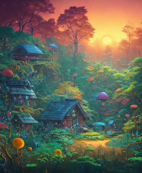 Image similar to a whimsical cabin made from robots, overgrown with huge exotic fungus, deep in the woods, cheerful, sunrise, by dan mumford, yusuke murata, makoto shinkai, ross tran, underwater, hellish, cinematic, unreal engine, cel shaded, featured on artstation, pixiv