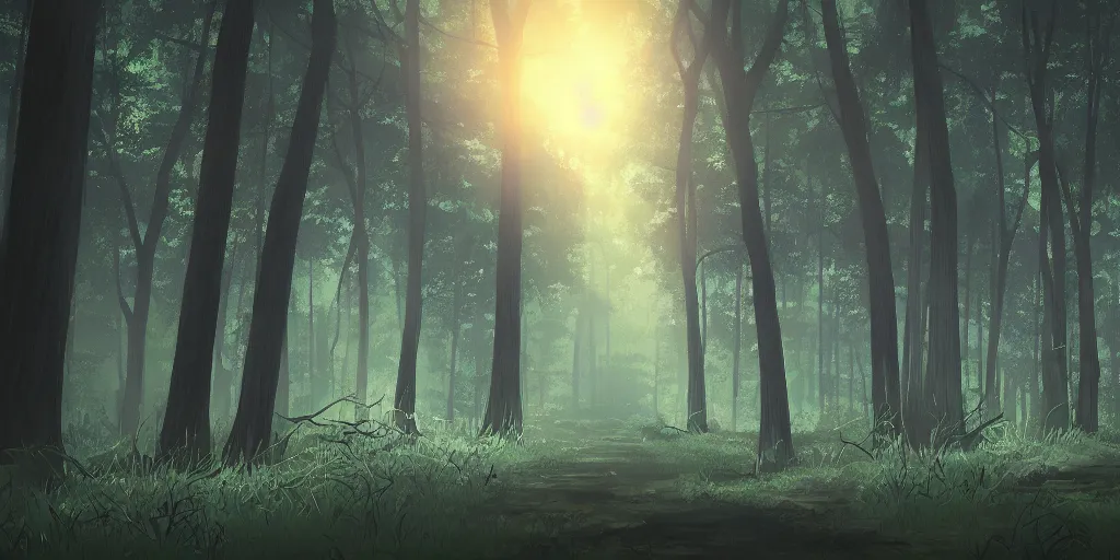Image similar to dark forest at dawn, anime background