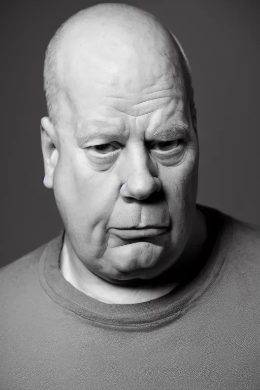 Image similar to studio portrait of man that looks excactly like homer simpson, lookalike, as if homer simpson came to life, soft light, black background, fine details, close - up, award winning photo by joe mcnally