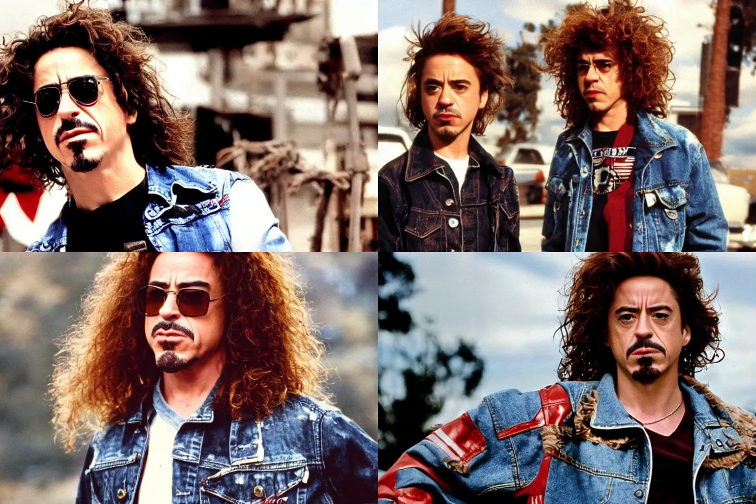 Prompt: young robert downey jr cosplaying as eddie van halen with long curly hair and a jean jacket, film still,
