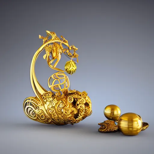 Image similar to art nouveau gold mochi shaped sculpture with filigree faberge orchid betta whiplash forest liquid lightshow spiral organic natural forms designed by giger, 8 k, octane render