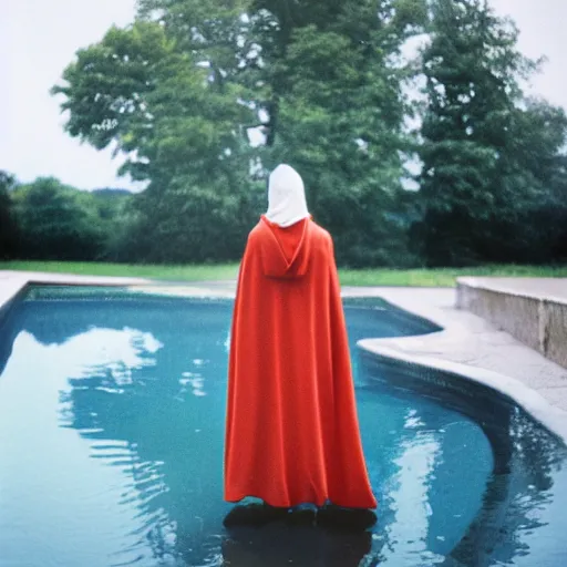 Prompt: woman in hooded cloak standing in a pool, kodak vision3 500t