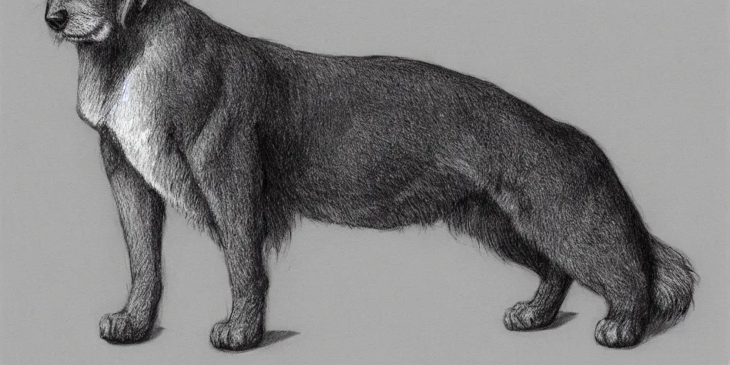 Image similar to full body shot of a large canine with the tail and ears of a cat, pencil drawing, illustration, black and white, artstation