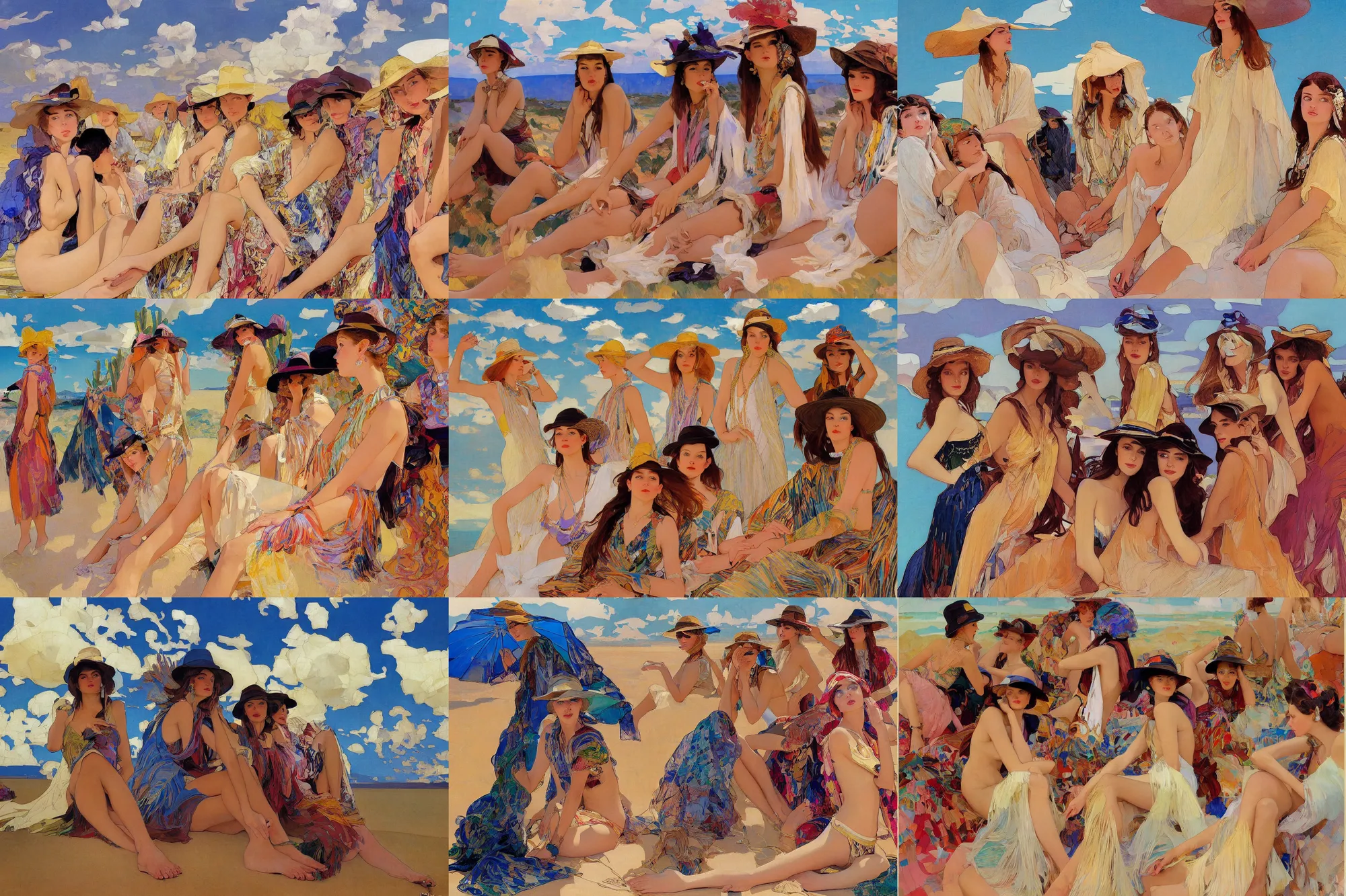 Prompt: portrait of group of fashionable young womans wearing rich jewerly hat and boho ponchoand bikini, sitting dynamic pose, Low poly, thunder clouds in the sky, desert, artwork by Joaquin Sorolla and nikolay feshin and filipp malyavin and Dean Ellis and mucha and Detmold Charles Maurice, simple form, brutal shapes