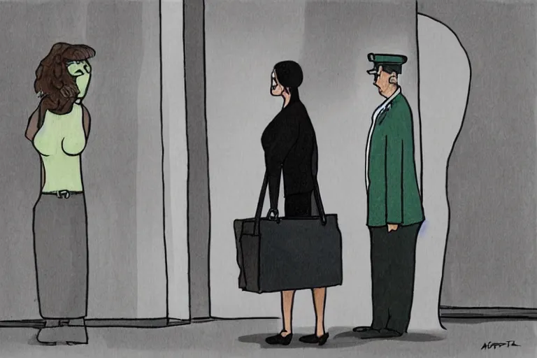 Image similar to tall, security guard checks the bags of a worried looking woman, art, satire