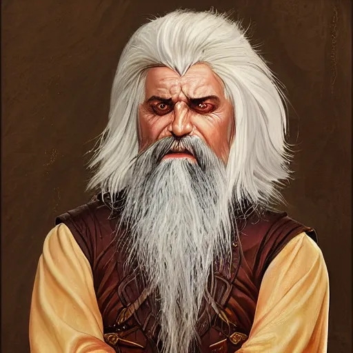 Image similar to beautiful portrait painting of a very short and small male halfing bard with white hair, full beard, extremely irritated, agitated, from pathfinder, evil smirk, narcissist, self centered, casting fireball, painted by larry elmore, wayne reynolds, greg rutkowski, magic the gathering, dungeons and dragons, dishonored 2