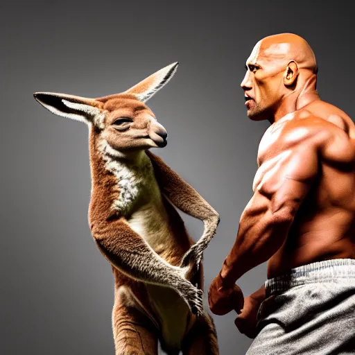 Image similar to dwayne johnson fighting a kangaroo, portrait, studio photography, studio lighting, high detail, 8 k