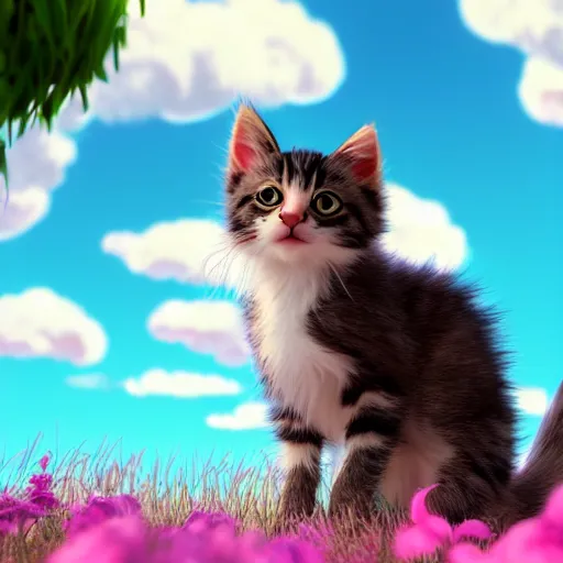 Image similar to a wholesome animation key shot of a kitten on a hill, fluffy pink anime clouds, studio ghibli, pixar animation, sharp, rendered in unreal engine 5, anime key art, bloom, dramatic lighting