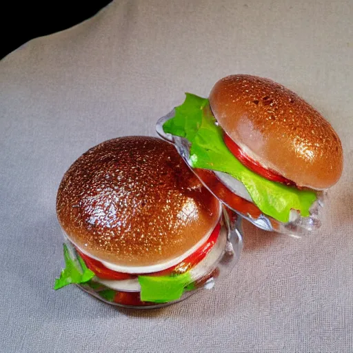 Prompt: clear crystal glass hamburger. etsy product photo