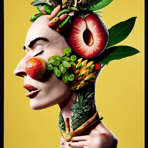 Image similar to megan fox vegan editorial by malczewski and arcimboldo, character sculpture by arcimboldo, stil frame from'cloudy with a chance of meatballs 2'( 2 0 1 3 ) of fruit dryad, fruit hybrid megan fox editorial by alexander mcqueen and arcimboldo