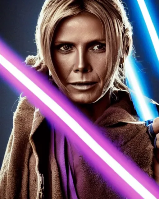 Image similar to heidi klum as a jedi with ripped and damaged clothes holding a purple lightsaber in her hands, very dark background, official star wars episode xii movie poster, perfect symmetrical face, moody lighting, 8 k, shallow depth of field, intricate detail,