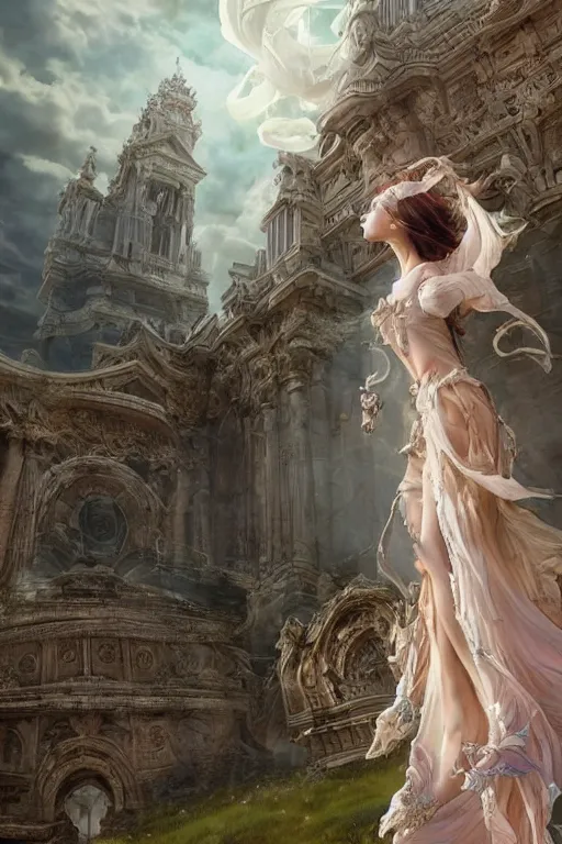 Image similar to a beautiful sorceress floating on air with elegant looks, flowing robe, ornate and flowing, intricate and soft by miho hirano, ruan jia, yoshitaka amano, wlop, beautiful roman architectural ruins in the background, epic sky, vray render, artstation, deviantart, pinterest, 5 0 0 px models