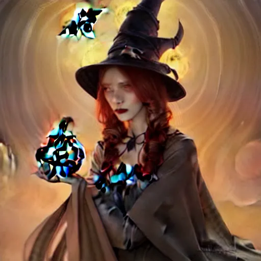 Prompt: halloween funny witch woman, fantasy magic, undercut hairstyle, intricate, elegant, sharp focus, illustration, highly detailed, digital painting, concept art, matte, art by wlop and artgerm and greg rutkowski and alphonse mucha, masterpiece