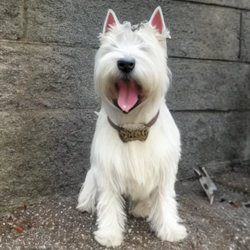 Image similar to west highland terrier dressed in iron armour with a gun attached to his head. gun on the head of westy.