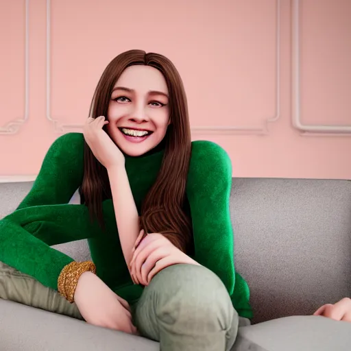 Image similar to Render of a cute 3d young woman smiling, long shiny bronze brown hair, full round face, emerald green eyes, medium skin tone, light cute freckles, smiling softly, wearing casual clothing, relaxing on a modern couch, interior lighting, cozy living room background, medium shot, mid-shot, soft focus, trending on Artstation, Unreal Engine 5 , 4k, professional photography, Portra 400