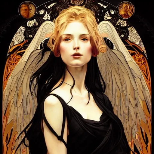 Image similar to A portrait of A beautiful!!!! angel in black flames by Ross Tran!! and alphonse mucha and greg rutkowski! and gustav doré!!,In style of digital art illustration.Symmetry.Highly detailed face.Fantasy,smooth,hyper detailed,sharp focus,Soft light.trending on artstation.4k