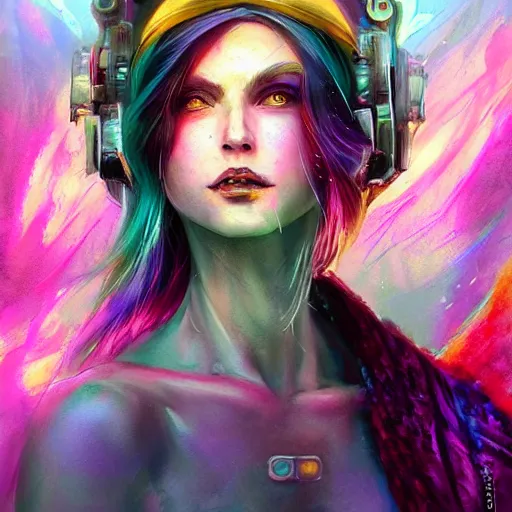 Prompt: a vibrant mixed pastels and watercolors painting of a beautiful female cyberpunk sorceress in the high clouds, lomo effect, cgsociety # conceptart cg, # oc, by vanessa lemen by charlie bowater by jeff easley by stephanie hans