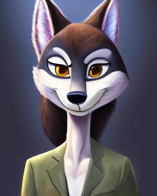 Image similar to oil painting of anthromorphic female wolf, in style of zootopia, female fursona, furry, furaffinity, 4 k, deviantart, furry art, fursona art, wearing black business suit, business suit, wolf fursona, female, very expressive detailed feminine face,