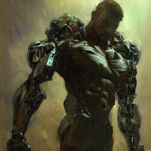 Image similar to muscular male cyborg, muscle, painting by gaston bussiere, craig mullins, greg rutkowski, yoji shinkawa