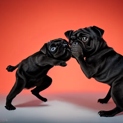 Prompt: high quality and realistic professional studio photo of a black pug puppy acting as a ninja, japanese kung - fu scenography, photo by olivero toscani