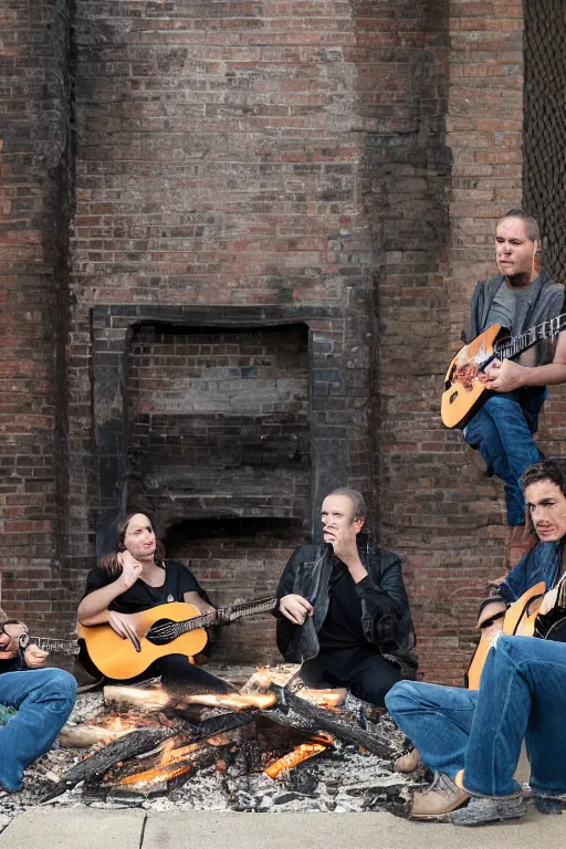 Image similar to Four stalkers sit with guitars by the fire near an abandoned brick house