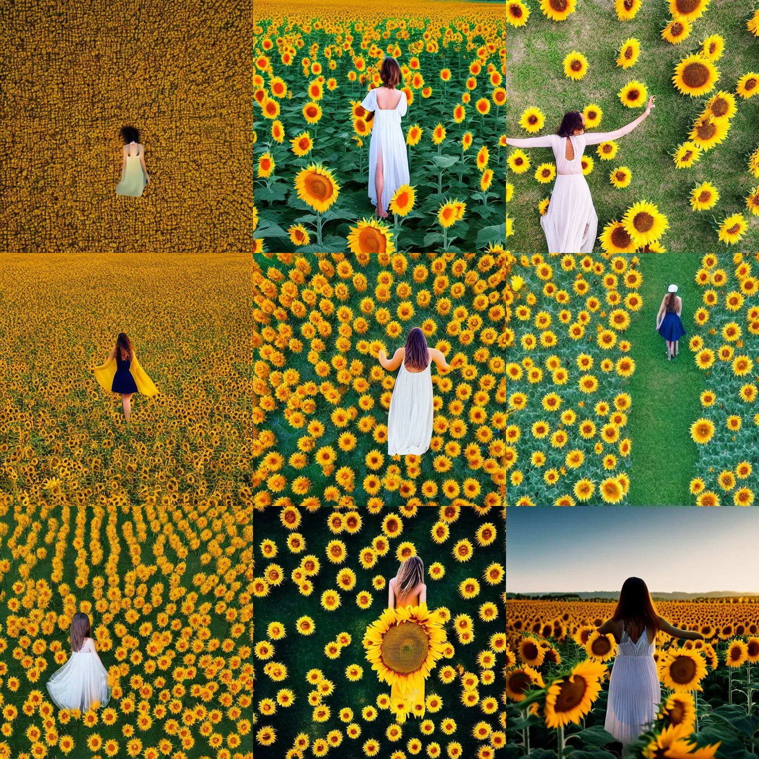 Prompt: aerial shot, a beautiful photo of a girl in a very wide semi-transparent thin light dress stanfing on a field of sunflowers, photo from the back, 135mm, trending on artstation