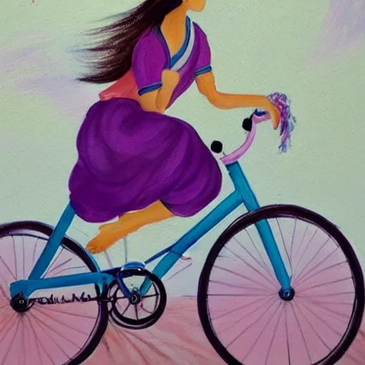 Image similar to a beautiful painting of a beautiful Asian girl riding a blue bycicle