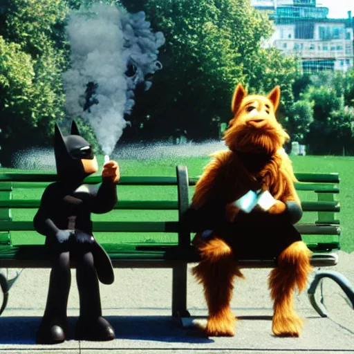 Image similar to batman and alf smoking a cigarette sitting on a green park bench, ultra realistic photo, 8 k resolution, movie escene, 3 5 mm, lens real depth