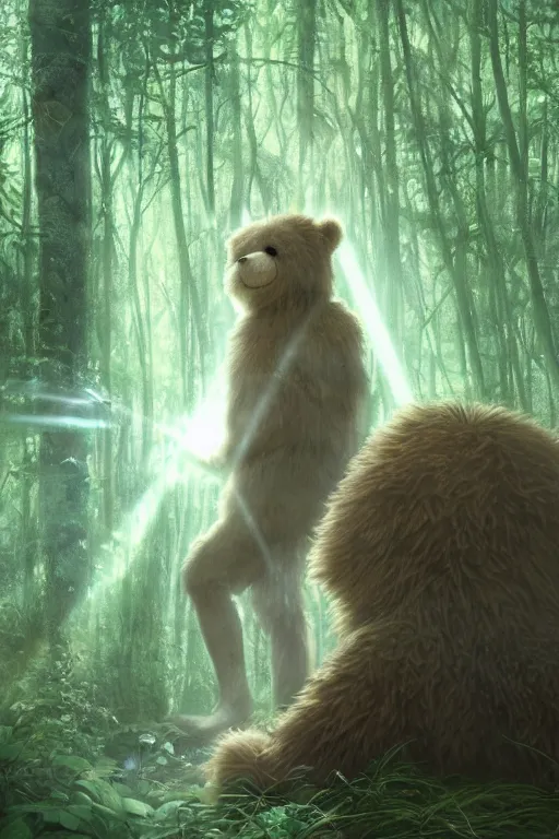 Image similar to mean fluffy teddybear protecting girl in a forest with rays of light coming through the canopy, masterpiece, dystopian, sci-fi, extremely detailed, digital painting, sculpted in zbrush, artstation, concept art, smooth, sharp focus, illustration, chiaroscuro lighting, golden ratio, incredible art, artgerm, greg rutkowski, alphonse mucha, simon stalenhag, carravaggio