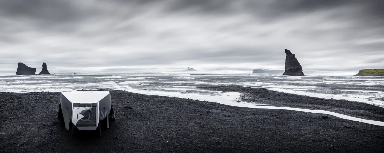 Image similar to cinematic shot of giant symmetrical futuristic military spacecraft landing on an endless black sand beach in iceland with icebergs in the distance, 2 8 mm, shockwave