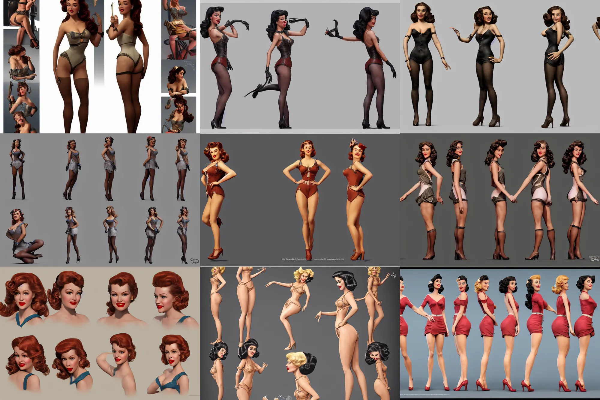 Image similar to beautiful pin up girl character, character design by weta digital workshop, character model sheet with front view and side view and back view, cg awards gallery, awarded on cgsociety, symetrical face, detailed face, 4 k, hd, by steven stahlberg