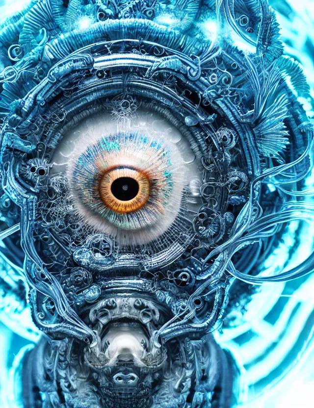 Image similar to eye of god macro close - up portrait with mask made of ram skull. betta fish, jellyfish phoenix, bioluminiscent, plasma, ice, water, wind, creature, super intricate ornaments artwork by tooth wu and wlop and beeple and greg rutkowski