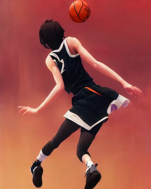 Image similar to A ultradetailed beautiful panting of a stylish girl dunking a basketball, Oil painting, by Ilya Kuvshinov, Greg Rutkowski and Makoto Shinkai