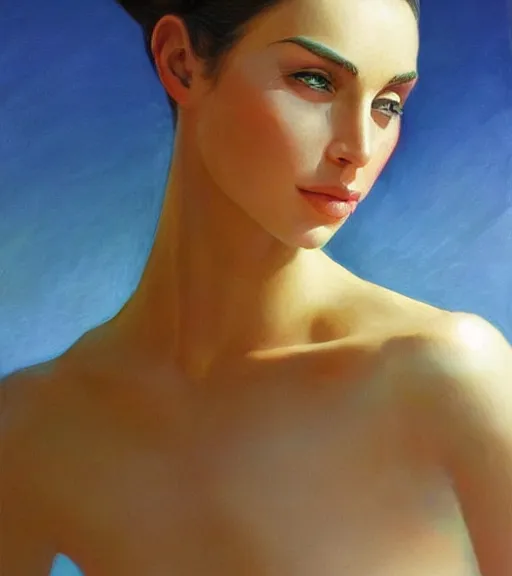 Image similar to natali portman, portrait, illustration, rim light, top light, perfectly shaded, spring time, slight overcast lighting, soft painting, art by boris vallejo