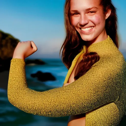 Image similar to A cute young woman, long shiny bronze brown hair, green eyes, cute freckles, smug smile, golden hour, beach setting medium shot, mid-shot, photography by Erwin Olaf