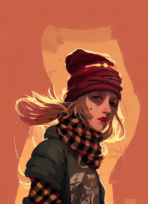 Image similar to highly detailed portrait of a sewer punk lady student, beanie, tartan scarf, wavy blonde hair by atey ghailan, by greg rutkowski, by greg tocchini, by james gilleard, by joe fenton, by kaethe butcher, gradient red, black, brown and gold color scheme, grunge aesthetic!!! white graffiti tag wall background