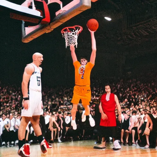 Prompt: nosferatu dunks the basketball and wins the big game, high quality, photograph