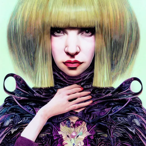 Image similar to portrait of crazy beautiful singer sia kate isobelle furler, big ribbon, ymmetrical, by yoichi hatakenaka, masamune shirow, josan gonzales and dan mumford, ayami kojima, takato yamamoto, barclay shaw, karol bak, yukito kishiro