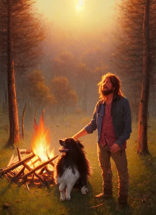 Image similar to highly detailed portrait of long - haired hillbilly around a bonfire with his fluffy australian shepherd, stephen bliss, art by greg rutkowski, loish, rhads, ferdinand knab, makoto shinkai and lois van baarle, artgerm, pixar, ilya kuvshinov, rossdraws, tom bagshaw, global illumination