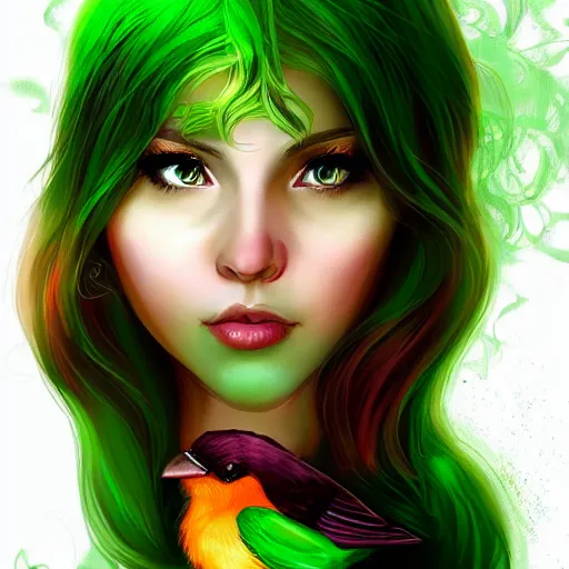 Image similar to a beautiful stunning fantasy whimsical matte digital portrait illustration of a pretty woman with bright green eyes and red hair with her green pet bird, in the style of Ross Tran, trending on artstation, contest winner