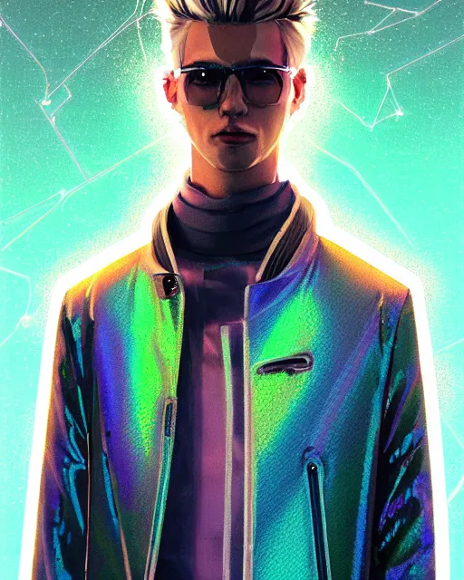 Image similar to detailed portrait of European Pale Blonde hair Stylish Guy Sheen Holographic Jacket coat, Futuristic sci-fi fashion, royal attire Akira, Evangelion, cyberpunk, neotokyo, synthwave, aesthetics, futuristic, low-emission-neon, bladerunner movie scene by ismail inceoglu dragan bibin hans thoma greg rutkowski Alexandros Pyromallis Nekro Rene Margitte illustrated Perfect face, fine details, realistic shaded, fine-face, pretty face sharp chine