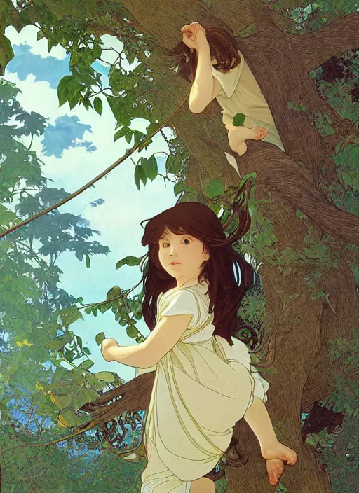 Image similar to young boy with long hair, climbing a tree, path traced, highly detailed, high quality, digital painting, by studio ghibli and alphonse mucha, leesha hannigan, hidari, art nouveau, chiho aoshima, jules bastien - lepage