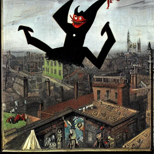 Image similar to spring-heeled jack, aristocrat devil jumping over the roofs of victorian london, by max ernst